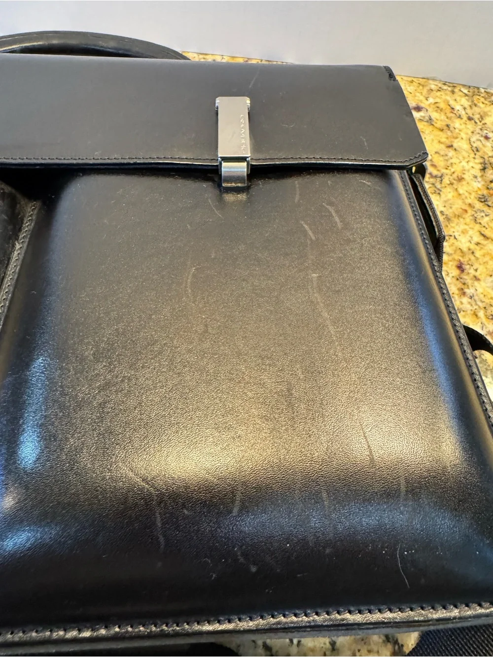 Black Leather Laptop Briefcase with Shoulder Strap